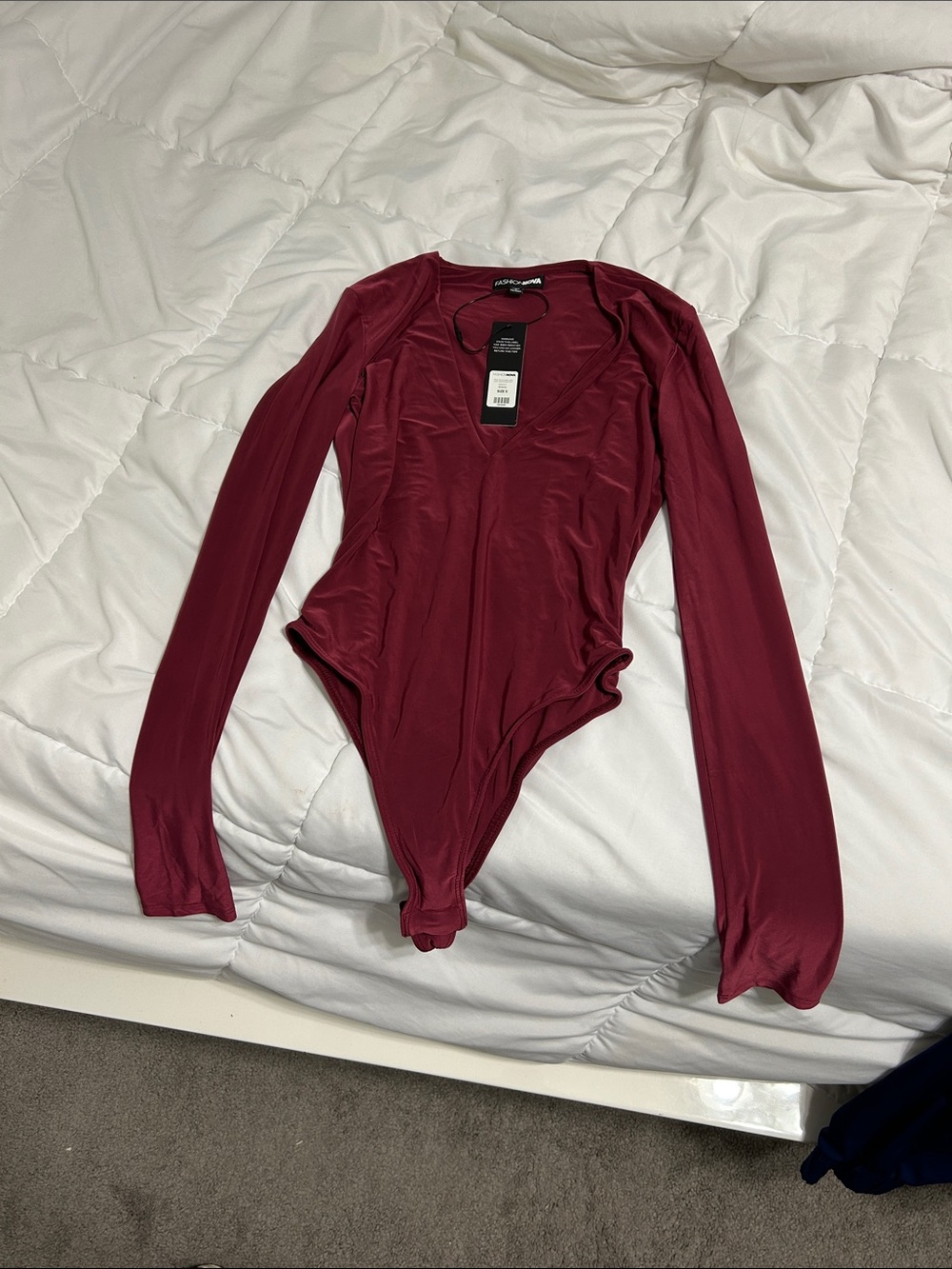 Fashion Nova Burgundy Long-Sleeve V-Neck Bodysuit